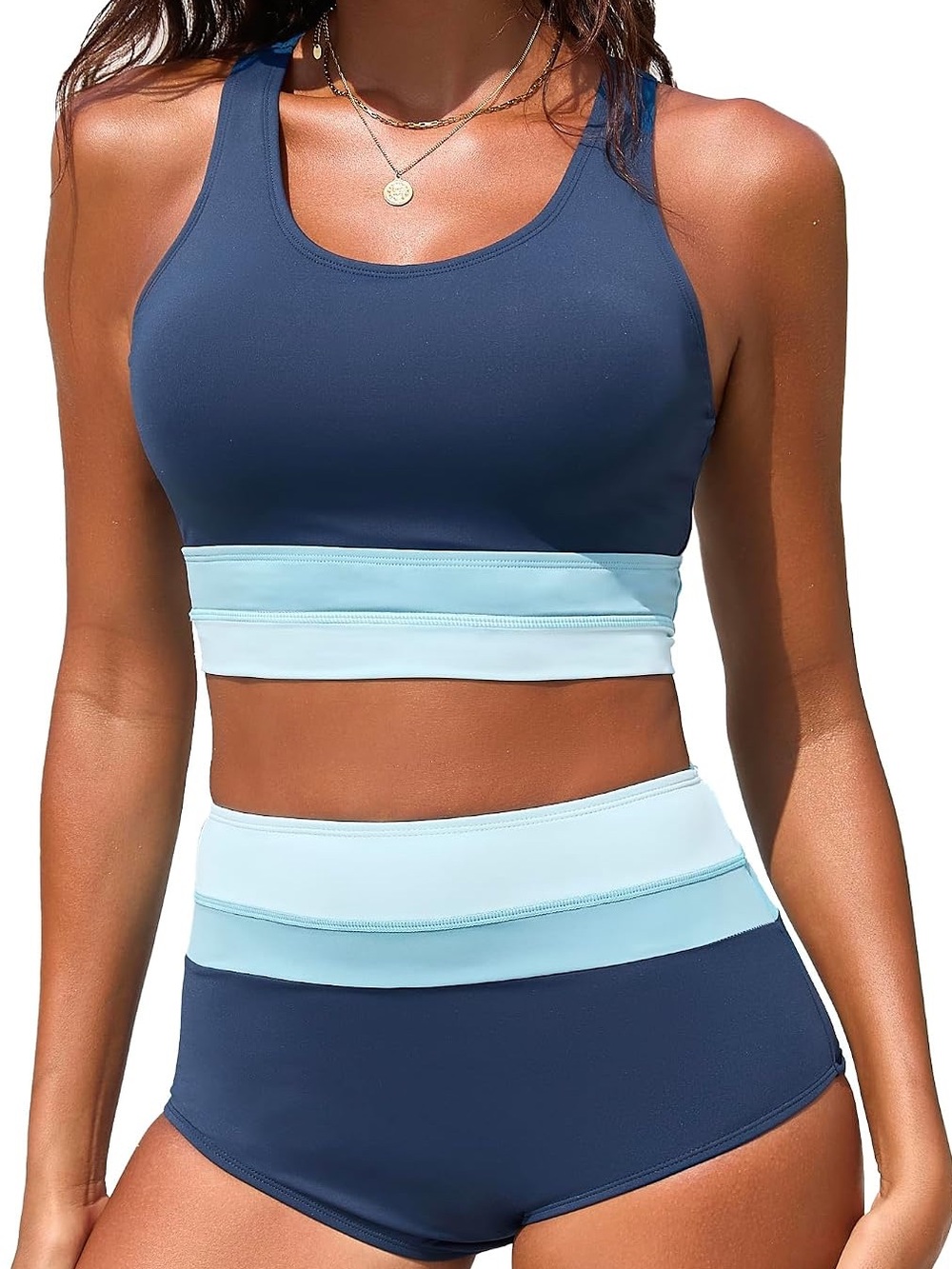 Navy Blue Color Block Racerback Two Piece Swimsuit Set Size S NWT